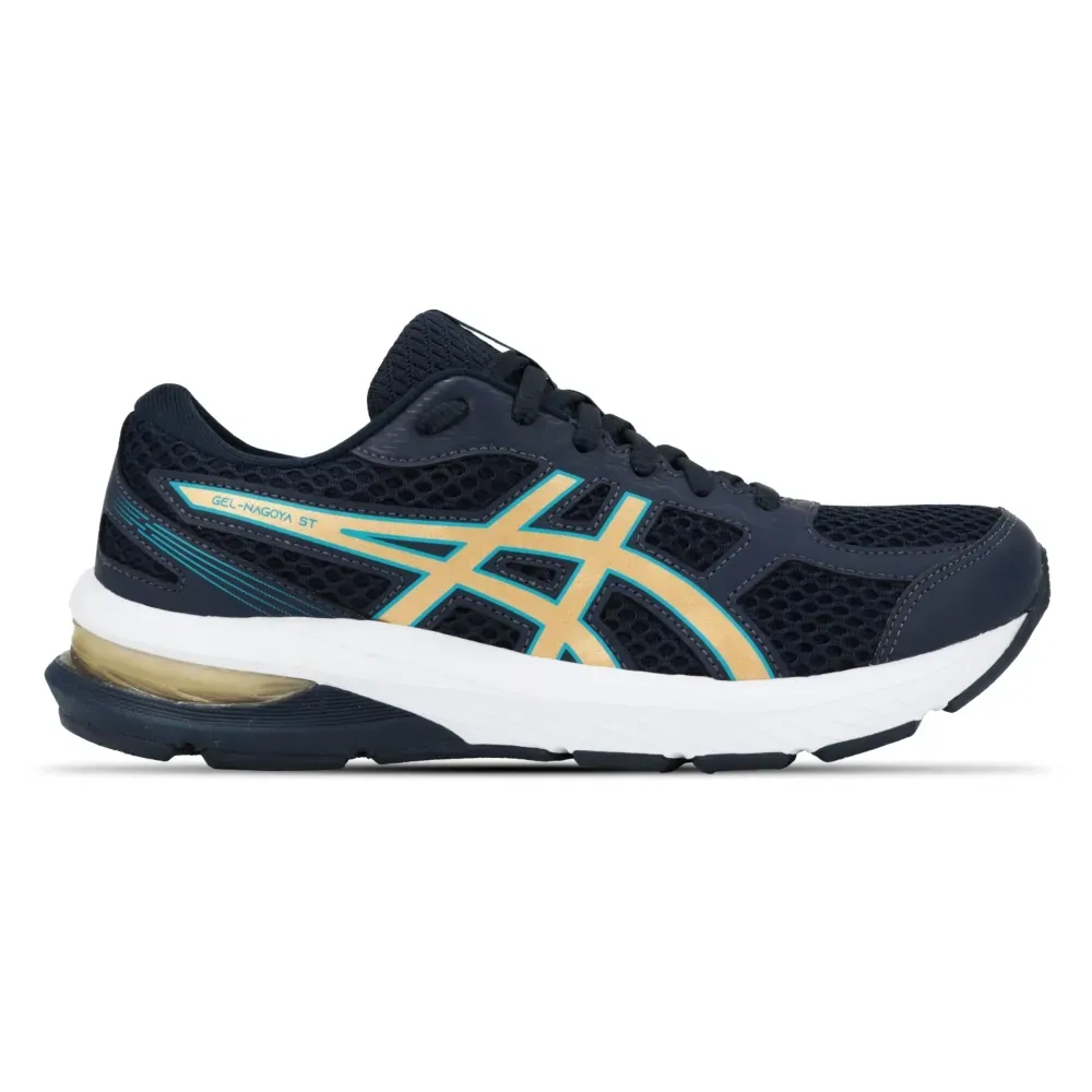 Tênis de corrida feminino Asics Gel-Nagoya ST azul marinho com detalhes dourados e azul claro, vista frontal